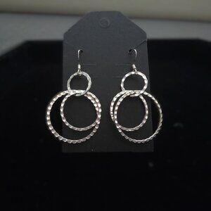 Sterling Silver 925 Hammered Triple Hoop Dangle Earrings 2”